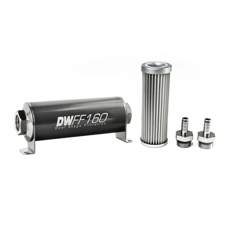 Worldwide Shipping DeatschWerks Stainless Steel 3/8in 5 Micron Universal Inline Fuel Filter Housing Kit (160mm)